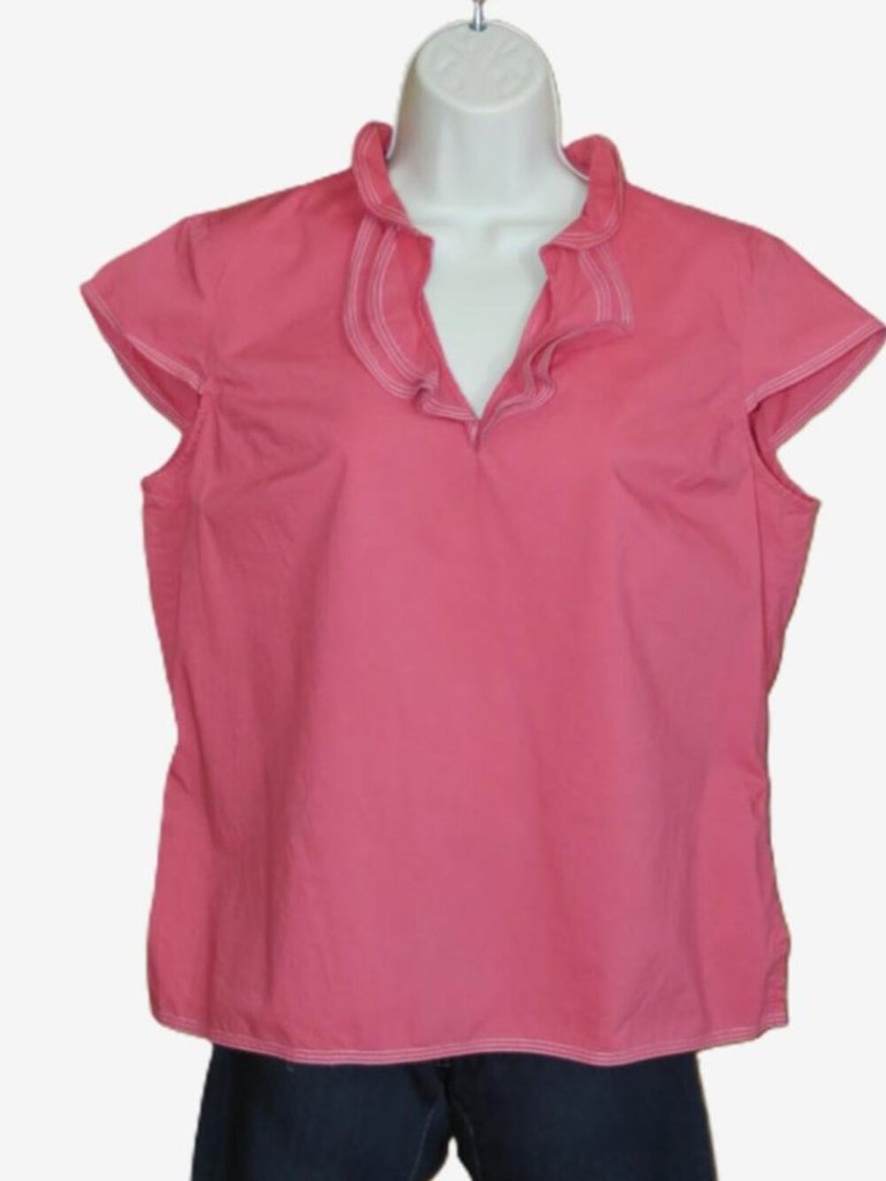 Talbots Dark Coral Cotton Blouse Ruffle Neck Cap Sleeves Size Medium Petite